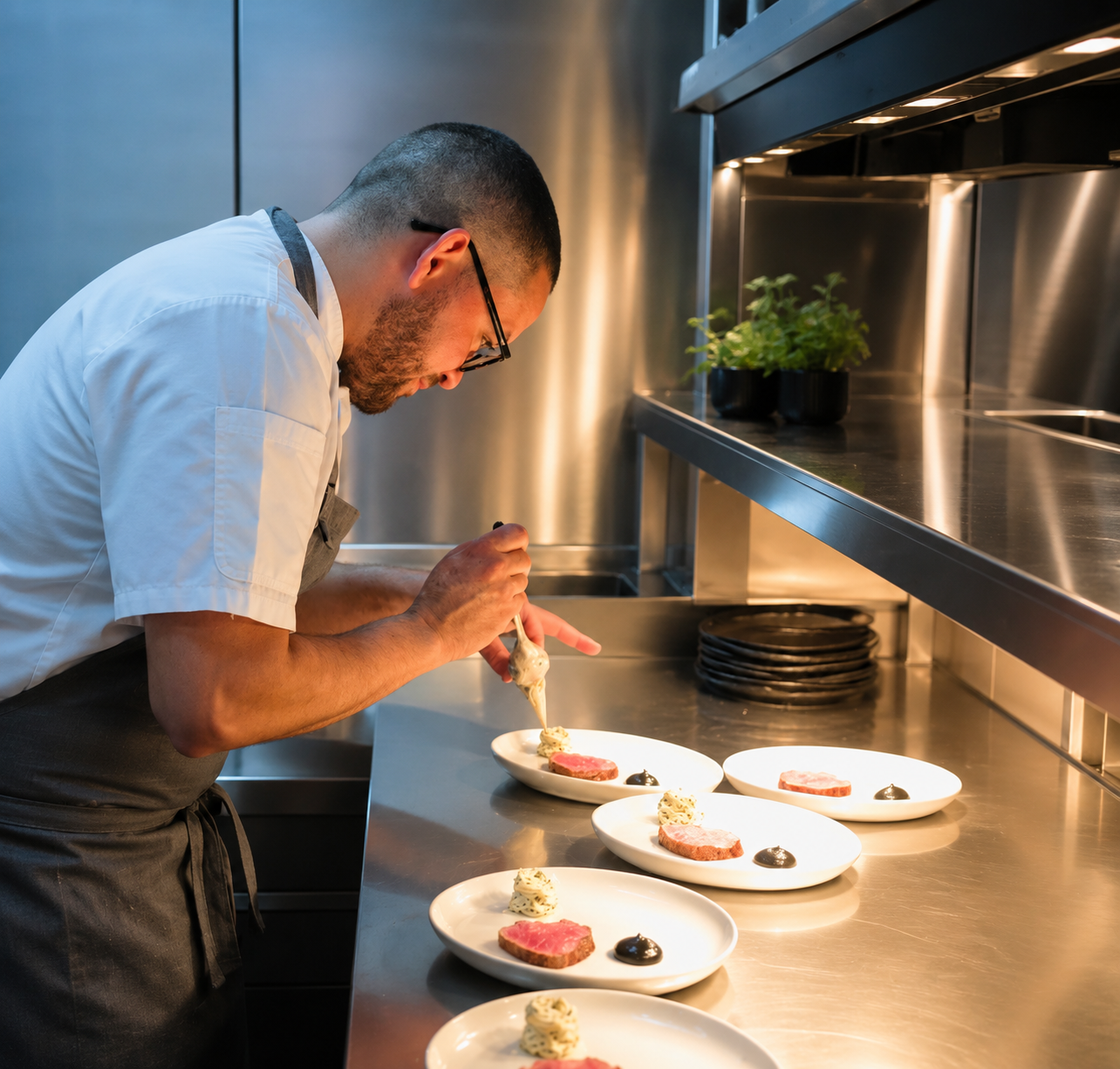 Chef Gil Zamudio plating a course in the kitchen
